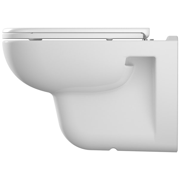 Duravit D-Code rimless wall hung toilet with soft close seat, wall mounting frame with push plate cistern