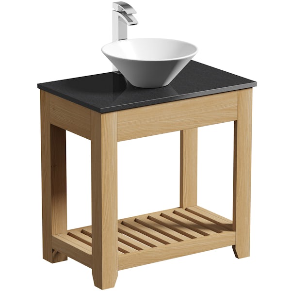 The Bath Co. Hoxton oak washstand with black marble top and Erie basin 800mm