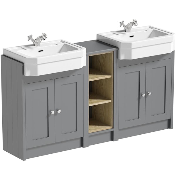 Orchard Dulwich stone grey floorstanding double vanity unit and Eton basin with open storage