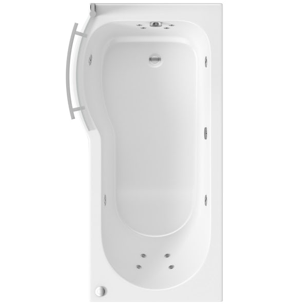 P shaped left handed 12 jet whirlpool shower bath with front panel and screen