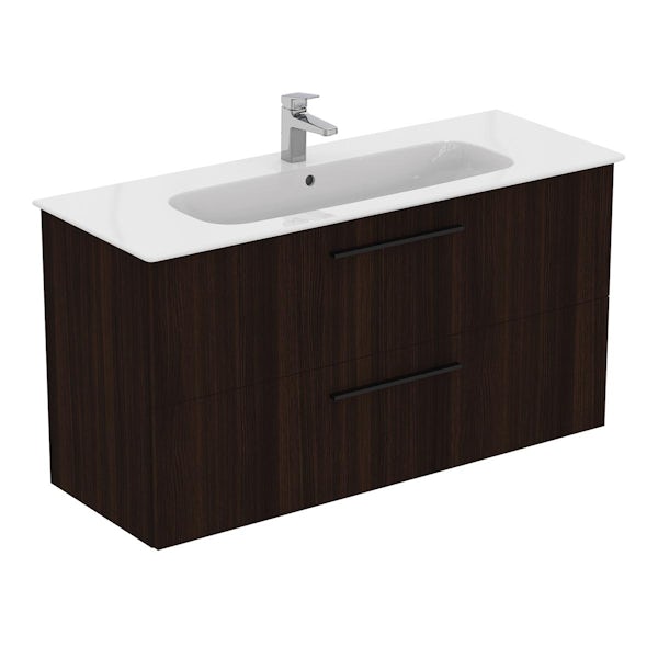 Ideal Standard i.life A coffee oak wall hung vanity unit with 2 drawers and black handles 1240mm