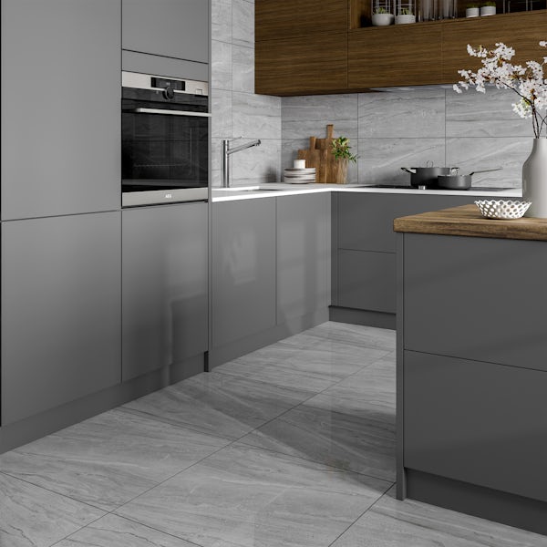 Comet mid grey marble effect gloss wall and floor tile 300mm x 600mm