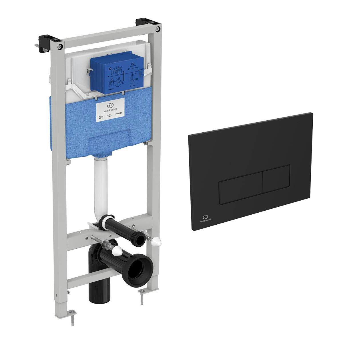 Ideal Standard ProSys 1150mm height pneumatic wall hung frame 120 depth with Oleas P2 black dual flush plate