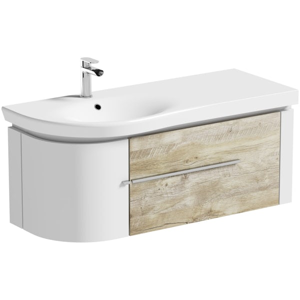 Mode Burton white & rustic oak wall hung vanity unit and basin 1200mm with tap