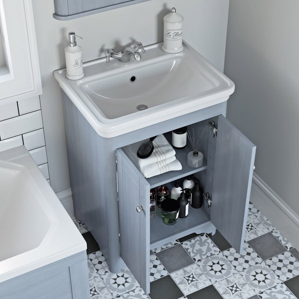 The Bath Co. Beaumont powder blue floorstanding vanity unit and basin 630mm with tap