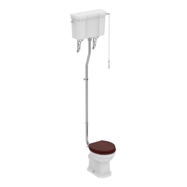 Ideal Standard Waverley high level toilet with mahogany seat and 2 tap hole full pedestal basin