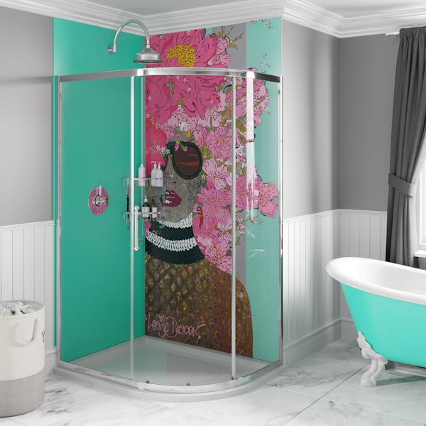 Louise Dear Kiss Kiss Bam Bam Green acrylic shower wall panel pack with right handed offset quadrant enclosure