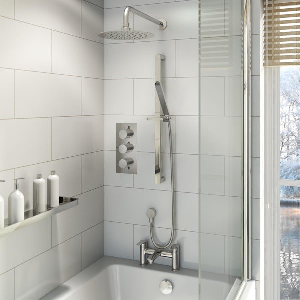 Mode Banks triple thermostatic complete shower set with bath filler, sliding rail and wall shower head