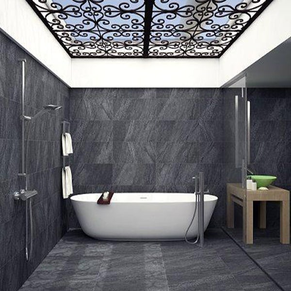 Alicura charcoal stone effect matt wall and floor tile 600mm x 600mm