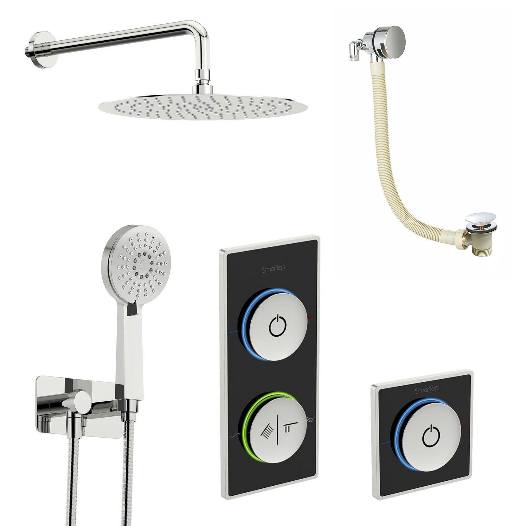 SmarTap black smart shower system with complete round wall shower outlet bath set