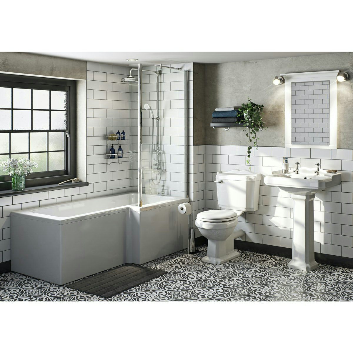 Orchard Winchester bathroom suite with right handed L shaped shower bath and taps 1700 x 850