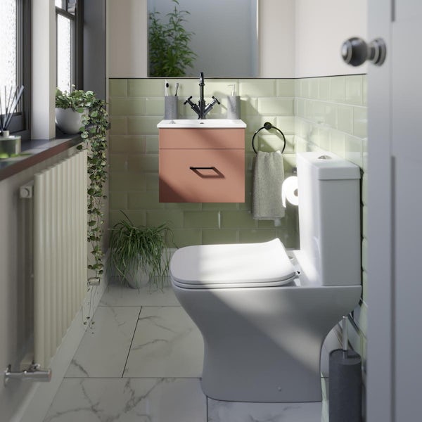 Orchard Lea tuscan red wall hung vanity unit with black handle and ceramic basin 420mm