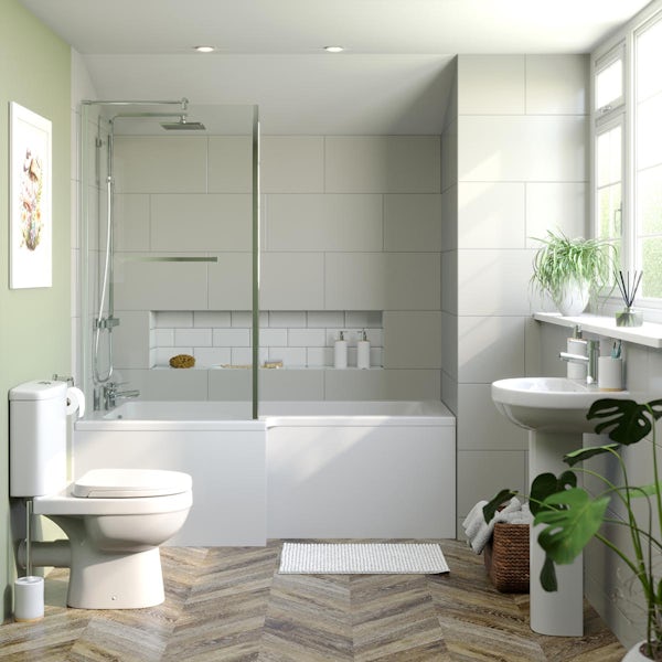 Orchard Eden bathroom suite with left handed L shaped shower bath 1700 x 850 with taps, shower and wastes