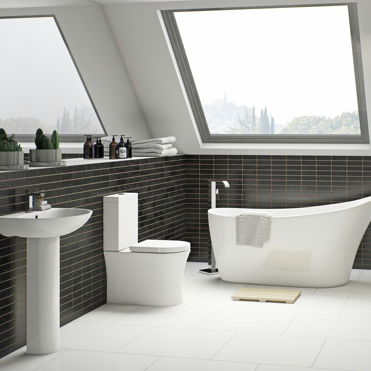 Mode Hardy rimless complete bathroom suite with freestanding bath and taps