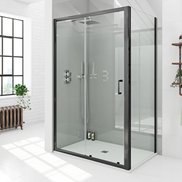 Mode black 6mm sliding shower enclosure with white slate effect tray 1200 x 800