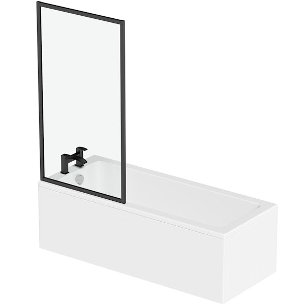 Orchard square edge straight shower bath with 6mm black framed shower screen