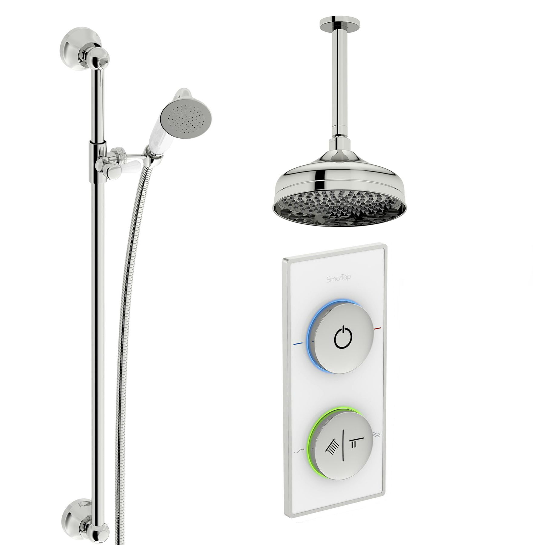 SmarTap white smart shower system with traditional slider rail and ceiling shower set