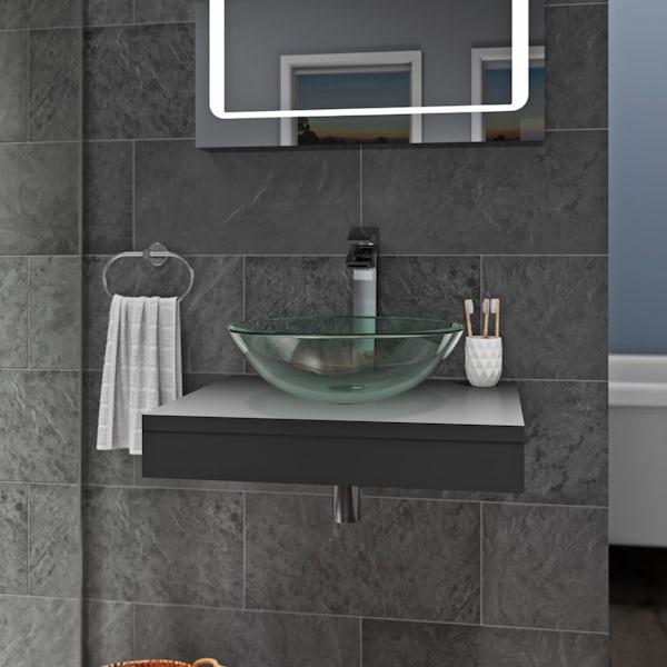Mode Orion slate gloss grey countertop shelf 600mm with Mackintosh glass countertop basin, tap and waste