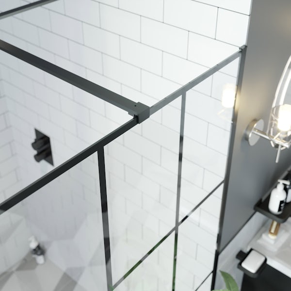 Mode 8mm black framed wet room glass panel with walk in shower tray and twin valve matt black shower set