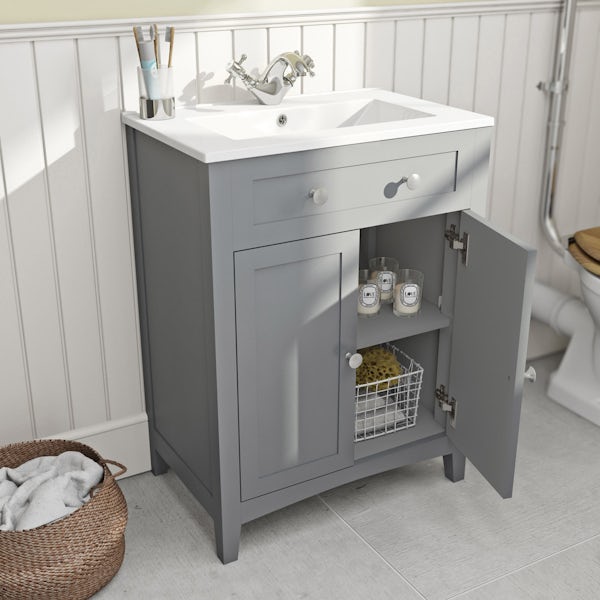 The Bath Co. Camberley satin grey floorstanding vanity unit and ceramic basin 600mm with tap