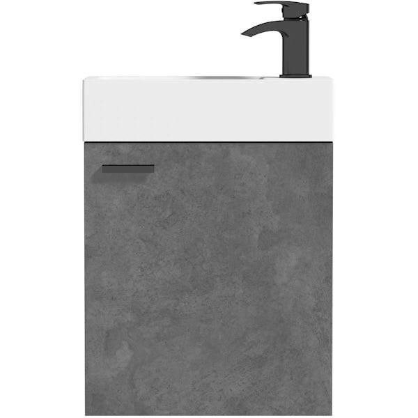 Clarity Compact riven grey wall hung vanity unit with black handle and basin 410mm