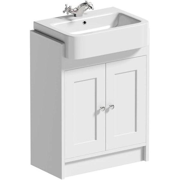 The Bath Co. Camberley straight bath suite with white vanity unit, bath panels and close coupled toilet