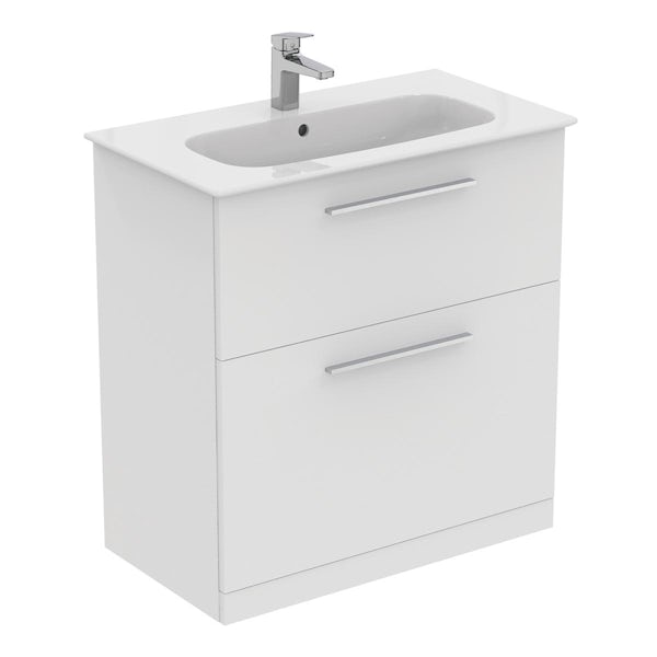 Ideal Standard i.life A matt white floorstanding vanity unit with 2 drawers and brushed chrome handles 840mm