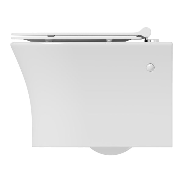Mode Hardy rimless wall hung toilet with slimline soft close seat and wall mounting frame with push plate cistern