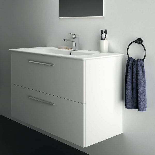 Ideal Standard i.life A matt white wall hung vanity unit with 2 drawers and brushed chrome handles 1240mm