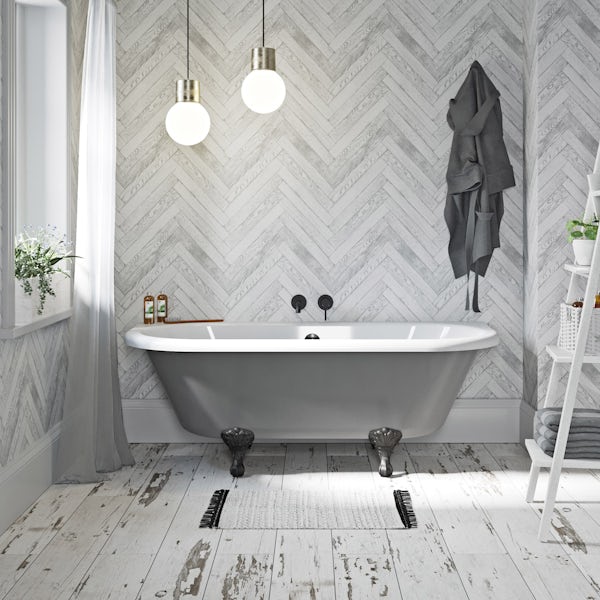 The Bath Co. Dulwich grey back to wall roll top bath with black ball and claw feet 1700 x 750