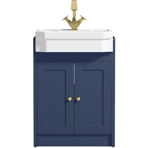 Orchard Dulwich navy floorstanding vanity unit and Eton semi recessed basin 600mm - brushed brass