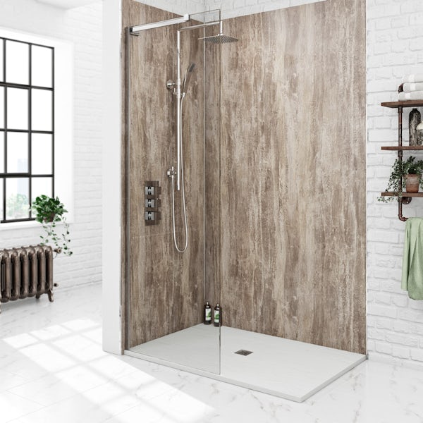 Mode 8mm walk in shower glass screen with white slate effect tray 1200 x 800
