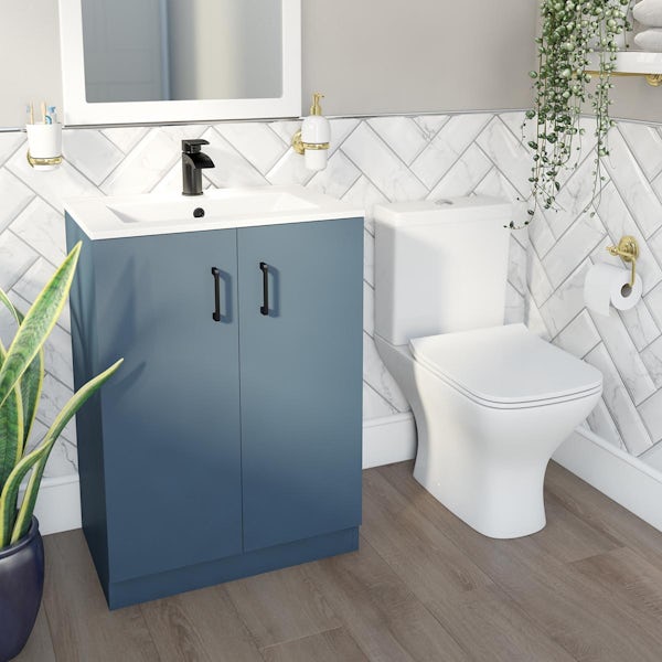 Orchard Lea ocean blue floorstanding vanity unit with black handle and ceramic basin 600mm