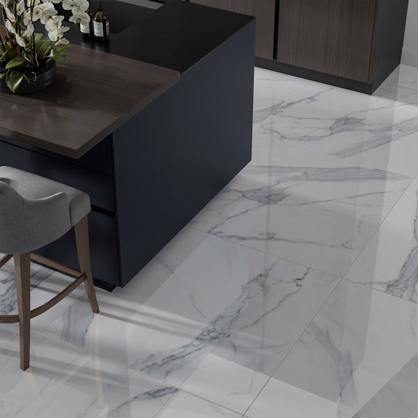 Storm white marble effect gloss wall and floor tile 800mm x 800mm