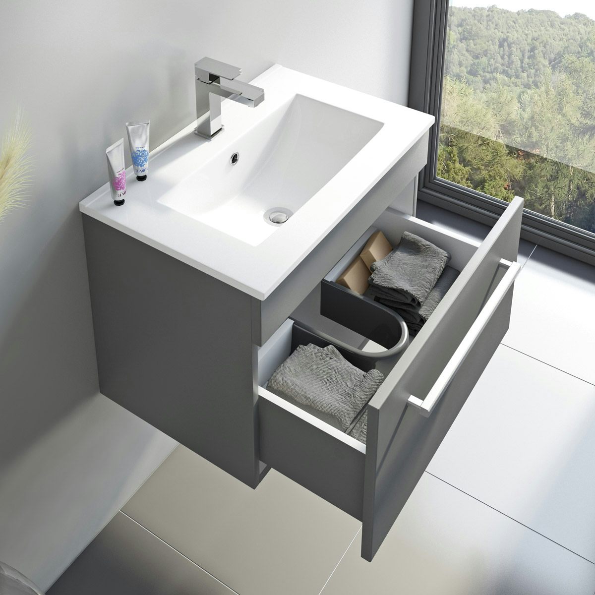 Orchard Derwent stone grey wall hung vanity unit and ceramic basin 600mm