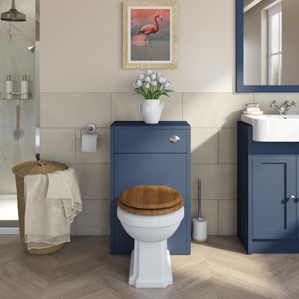Orchard Dulwich matt navy back to wall unit and traditional toilet with oak seat