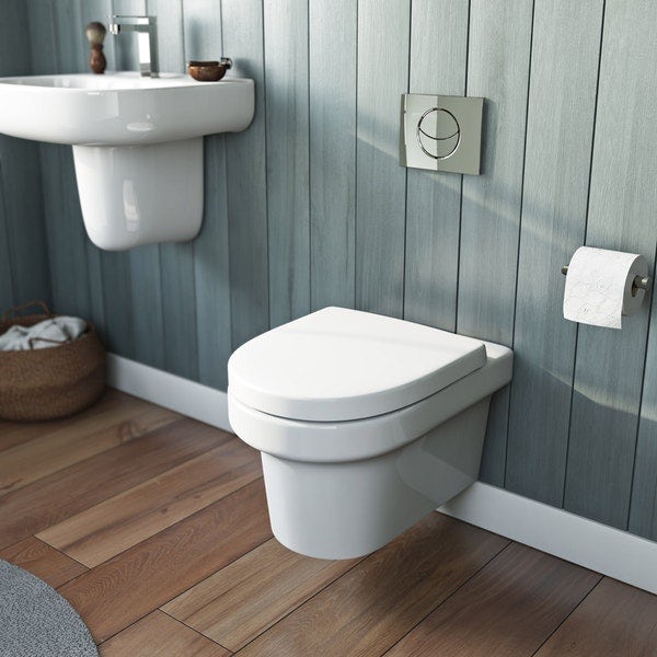 Mode Burton wall hung toilet with soft close seat and wall mounting frame with push plate cistern