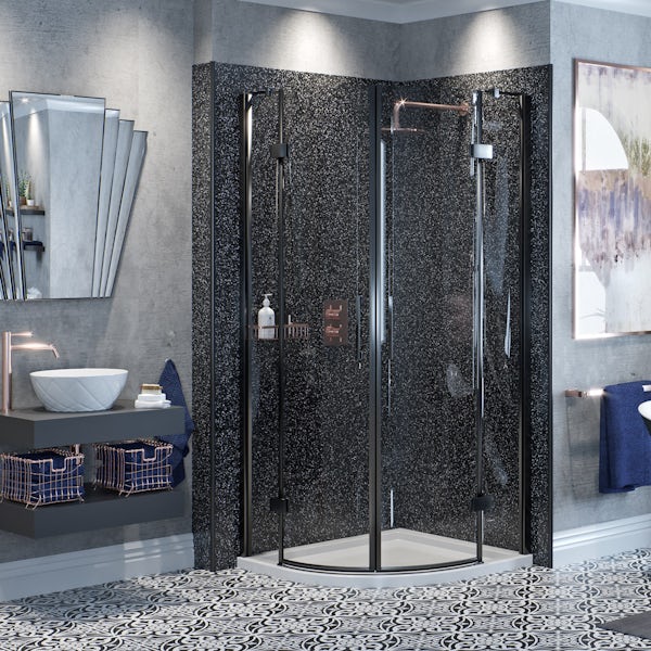 Mode Cooper black hinged quadrant shower enclosure with Spencer rose gold shower set and tray 900 x 900