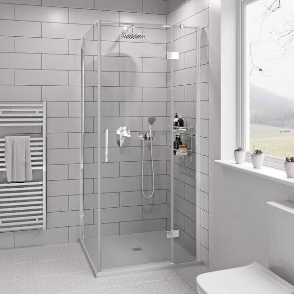 Mode Cooper premium 8mm easy clean square shower enclosure with white slate effect tray 900 x 900