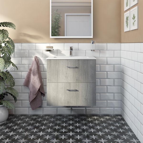 Orchard Lea concrete wall hung vanity unit 600mm and Derwent square close coupled toilet suite