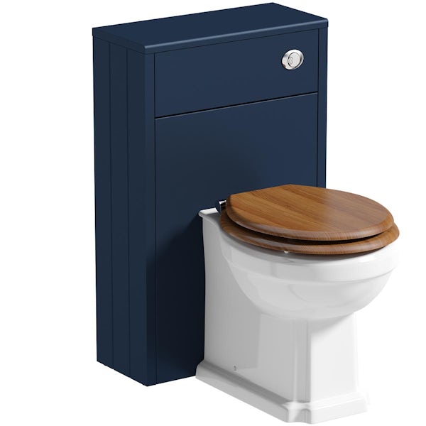 Orchard Dulwich matt navy slimline back to wall unit and traditional toilet with oak seat