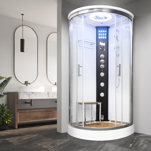 Vidalux Essence quadrant steam shower cabin with wood effect floor and seat