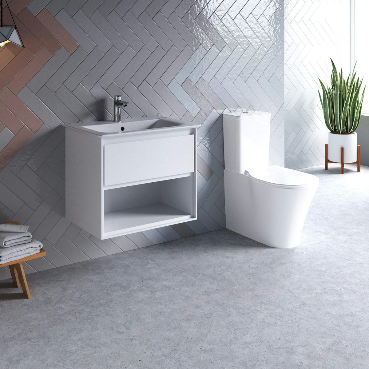 Ideal Standard Connect Air gloss and matt white open vanity unit with close coupled toilet