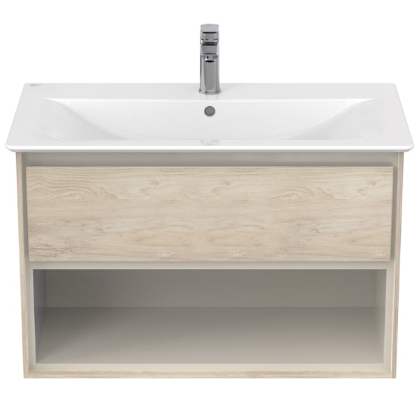 Ideal Standard Concept Air wood light brown open wall hung vanity unit and basin 800mm