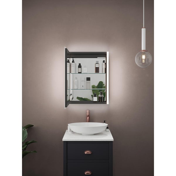 Mode Hughes black LED illuminated mirror cabinet 700 x 550mm with demister, charging socket & bluetooth speakers