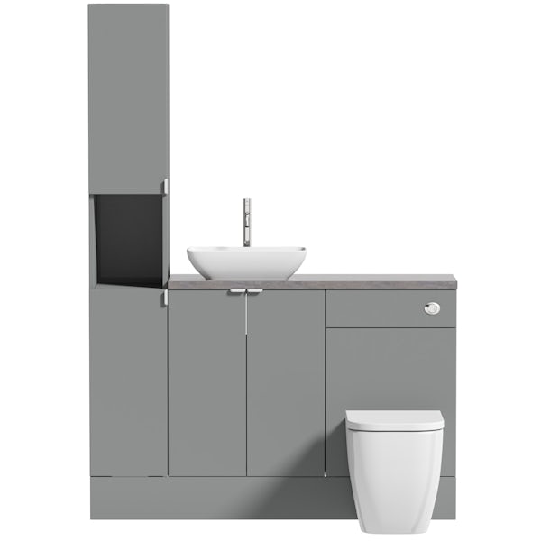 Reeves Wyatt onyx grey tall fitted furniture combination with mineral grey worktop and countetop basin