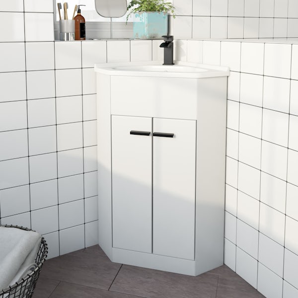 Clarity Compact white corner floorstanding vanity unit and ceramic basin 580mm with tap and black handles