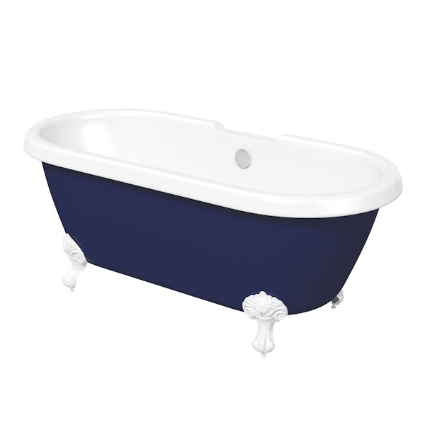 Navy blue coloured bath with tap and waste