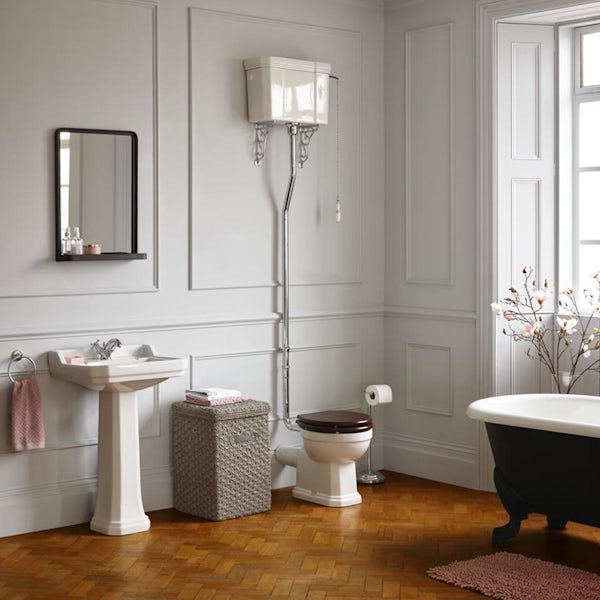 Ideal Standard Waverley high level toilet with mahogany seat and 1 tap hole full pedestal basin