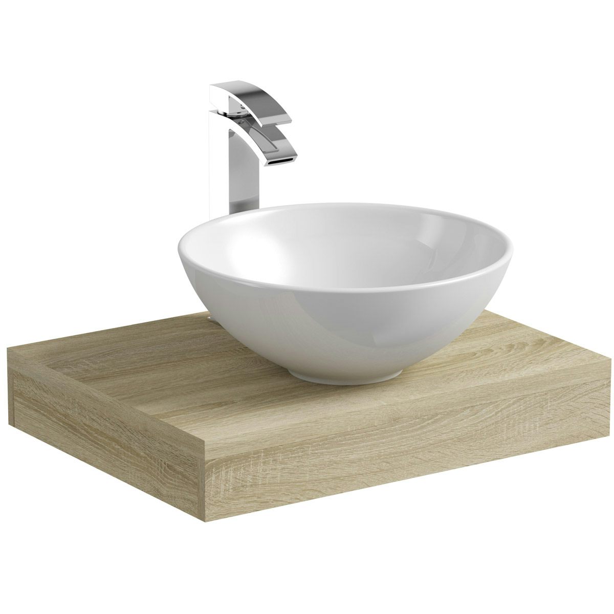 Mode Orion oak countertop shelf 600mm with Derwent countertop basin, tap and waste